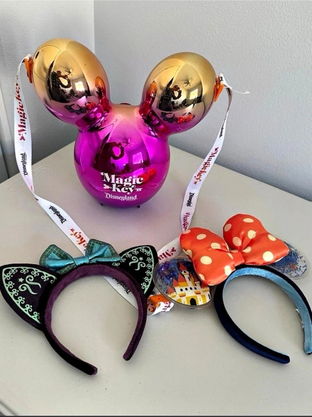 Disney Parks Magic Key Balloon Popcorn Bucket & 2 Ear Headbands Bundle